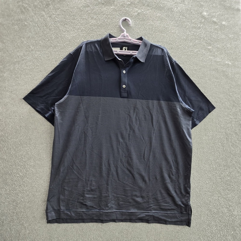 Footjoy Men Polo Shirt XL Navy Blue Striped Activewear Golf Logo Short Sleeve